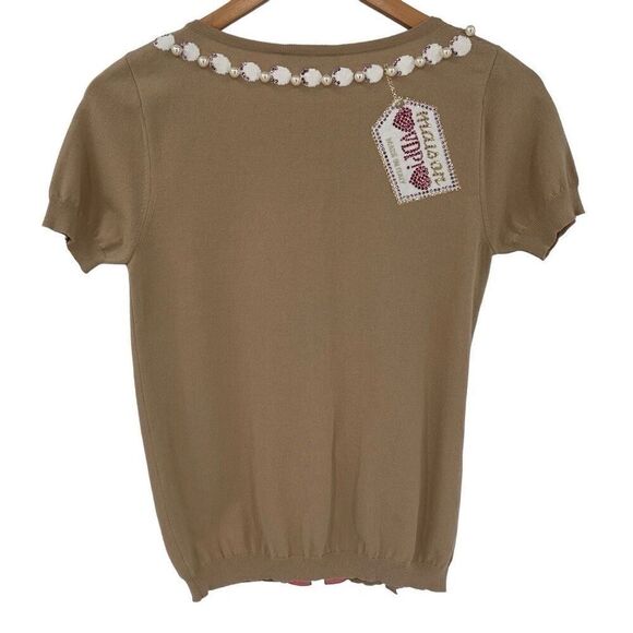 VDP Collection Beaded Rhinestone Pearled Cardigan Sweater Tan Women XS - Picture 2 of 5
